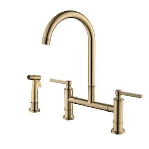 Double Handle Gooseneck Bridge Kitchen Faucet with Side Sprayer in Brushed Gold