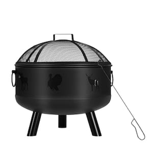 24 in. Fire Pit with Grill, Poker and Cover in Black