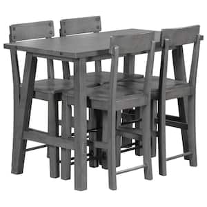 5-Piece Gray Minimalist Industrial Style Counter Height Solid Wood Dining Table Set with Four Chairs