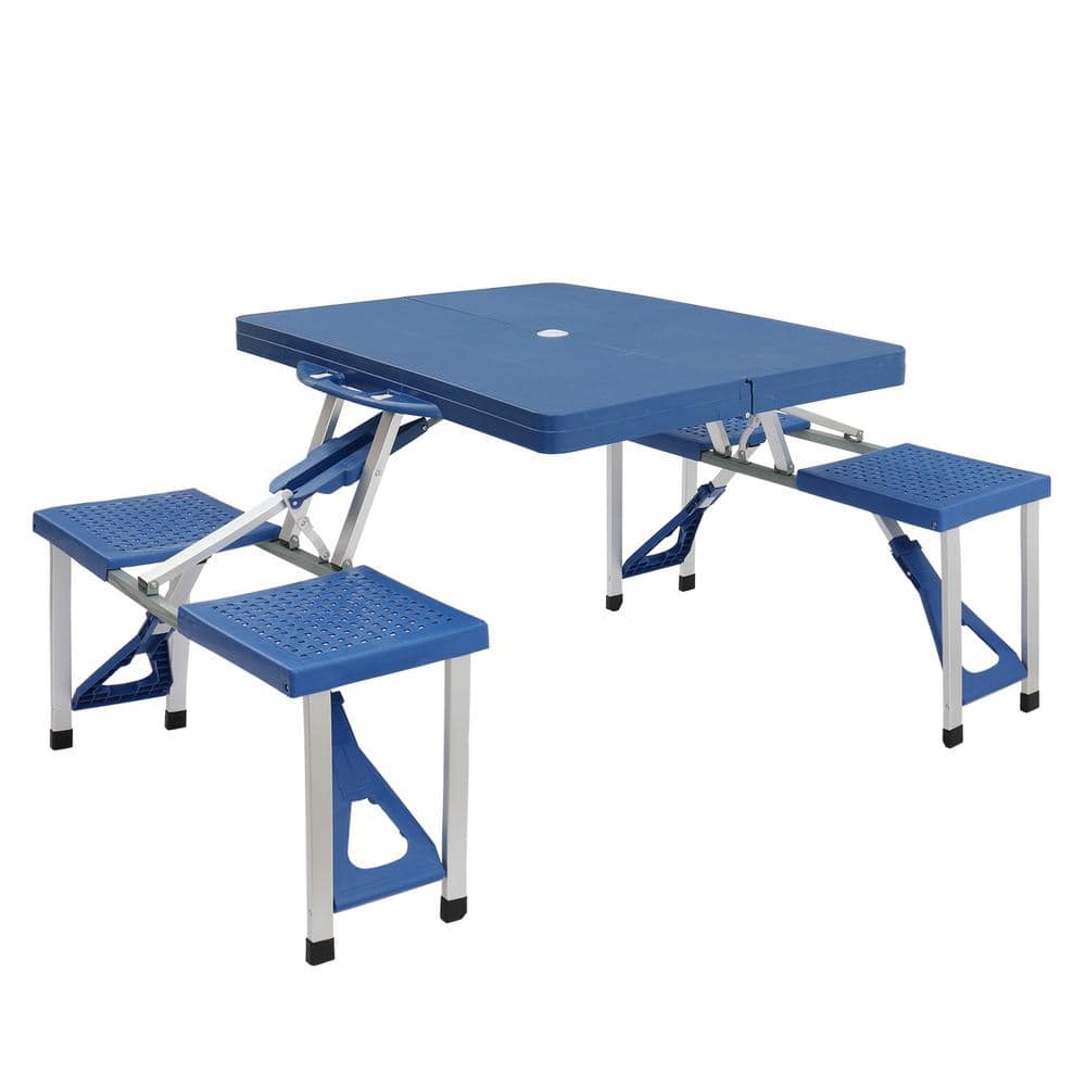Blue plastic folding table with four attached benches