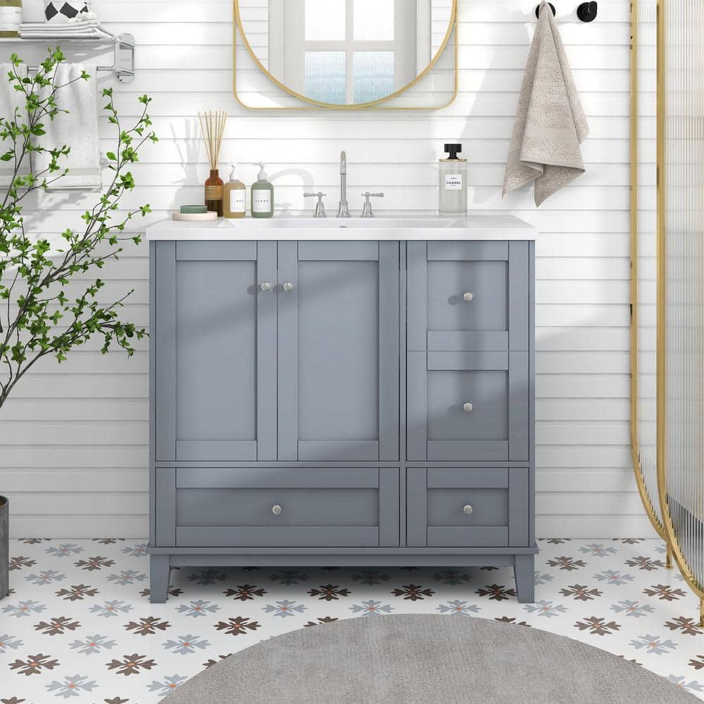 18 in. W x 36 in. D x 34.3 in. H Freestanding Bath Vanity in Gray with Whit