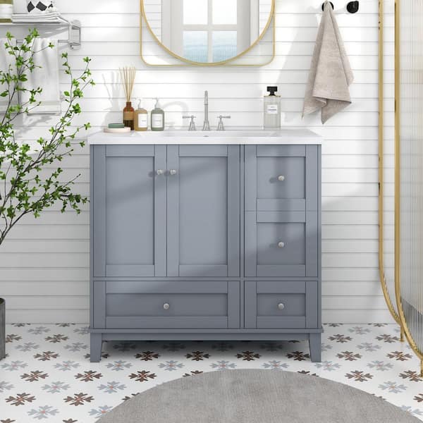 EPOWP 18 in. W x 36 in. D x 34.3 in. H Freestanding Bath Vanity in Gray with White Resin Top Single Basin Sink & USB Charging