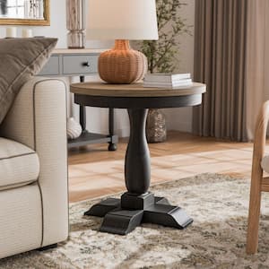 Windcrest 24 in. Weathered Black and Brown Round Wood End Table