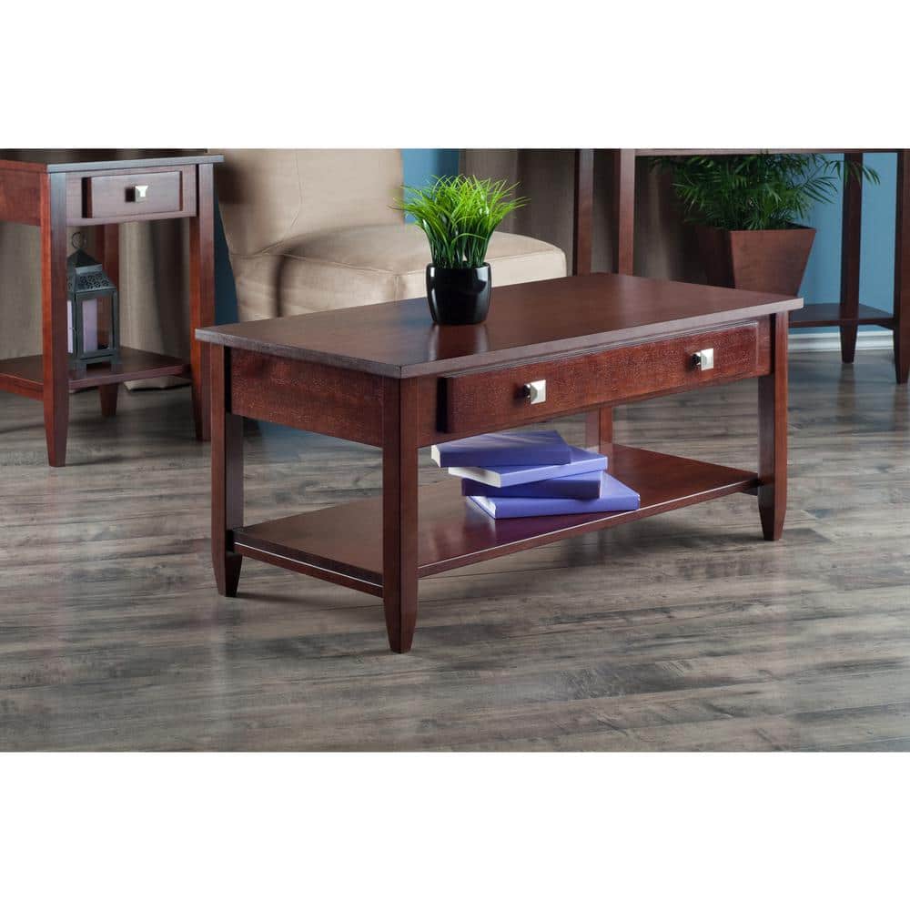 Walnut Rectangular Coffee Table with Drawer and Shelf