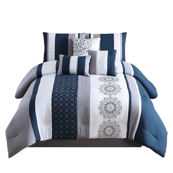 Benjara 7-Piece Blue and Gray Geometric Microfiber King Comforter Set
