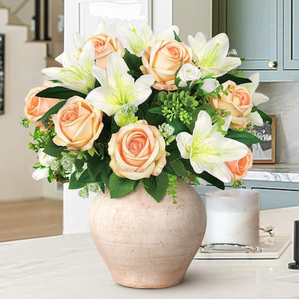 LIVING LUXURY 18 in. Peach Cream Artificial Mixed Rose Stargazer