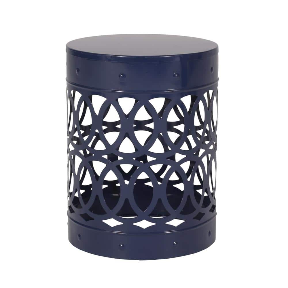Noble House Holt Navy Blue Cylindrical Metal Outdoor Side Table 108985