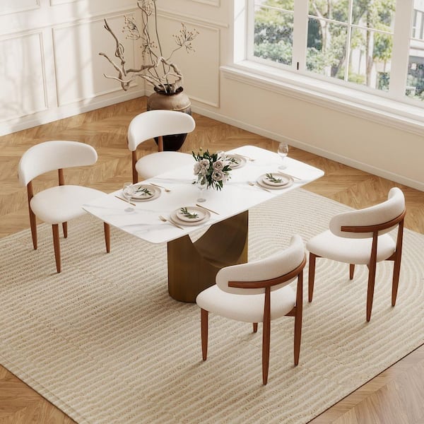 63 in. White Round Edge Sintered Stone Tabletop with Pedestal Dining Table with Bronze Carbon Base (Seats 6)