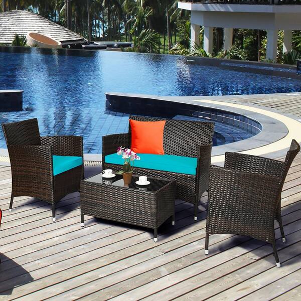 Costway 8 Piece Wicker Patio Conversation Set with Blue Cushions 2