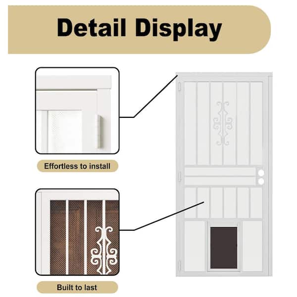 36 in. x 80 in. Left Hand/Outswing Hinging White Surface Mount Steel Security Door w/Expanded Metal Screen w/Pet Door