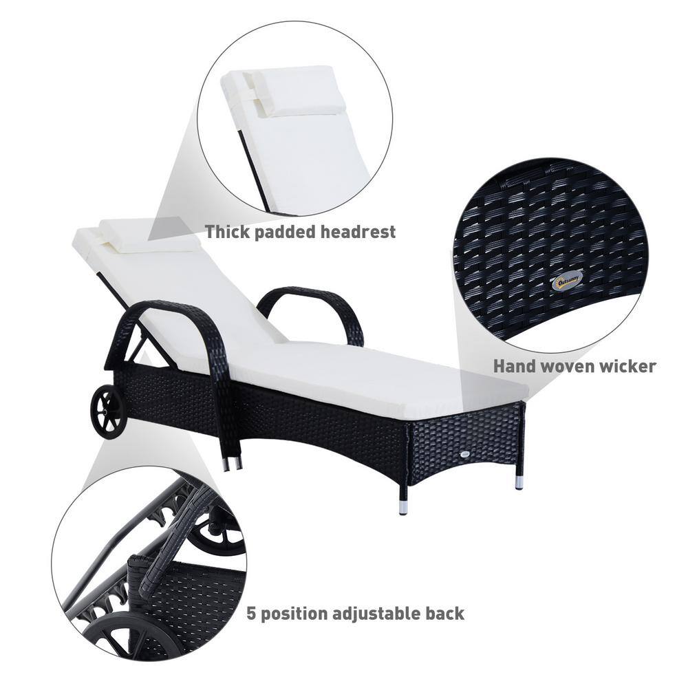 Black and White Adjustable Rattan Chaise Lounge Set with Cushions