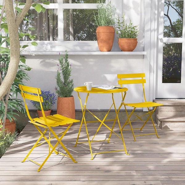 3-Piece Steel Frame Round Table Patio Outdoor Bistro Dining Set, Foldable Patio Table and Chairs Furniture, Yellow