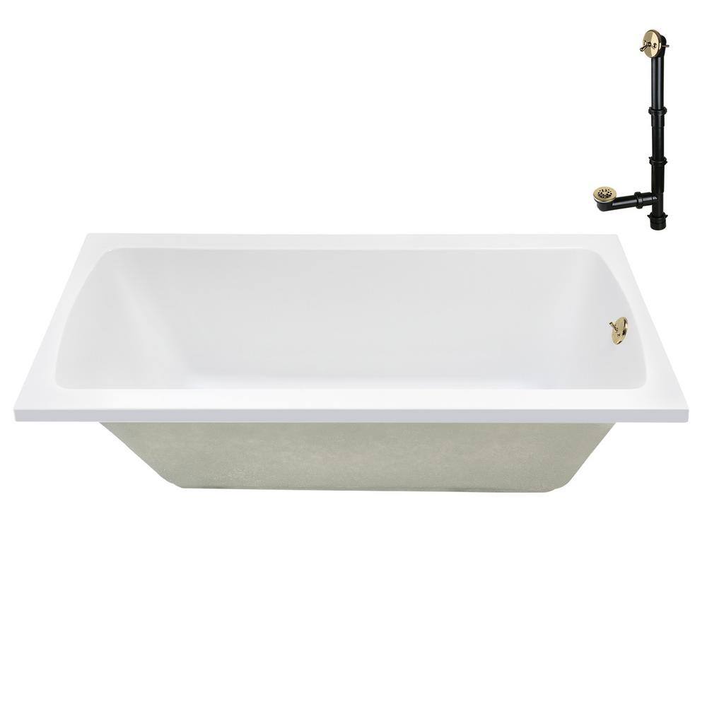 66" x 34" Glossy White Acrylic Soaking Drop-In Bathtub with Polished Brass Drain