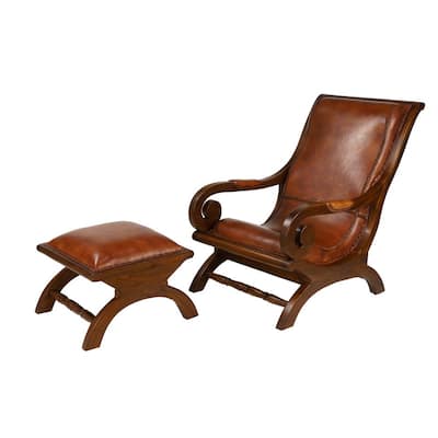 Brown Teak Wood Traditional Accent Chair with Ottoman