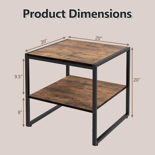 HONEY JOY 20 in. Brown Square End Table 2-tier Side Table with Open Shelf  Metal Frame Industrial Tea Table Set of 2 TOPB006755 - The Home Depot