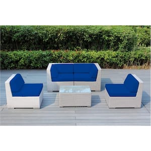 Gray 5-Piece Wicker Patio Seating Set with Sunbrella Pacific Blue Cushions