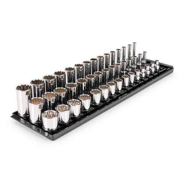3/8 Inch Drive Shallow, Semi-Deep, and Deep 12-Point Socket Set with Rails and Trays, 45-Piece (1/4-1 in. )