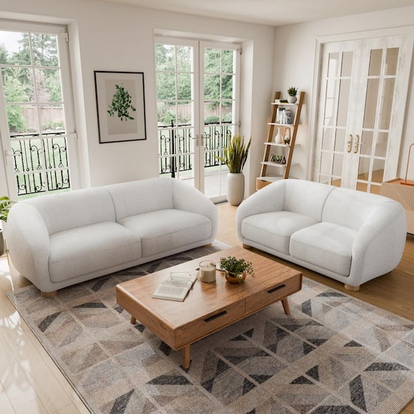 Waxley 2-Piece White Teddy Boucle Polyester Sofa And Loveseat Living Room Set