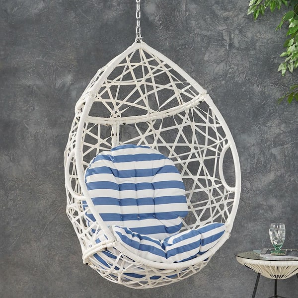 Coporesell 1-Person Egg Swing Chair White Metal Outdoor Patio Hanging Chair with Blue Cushion