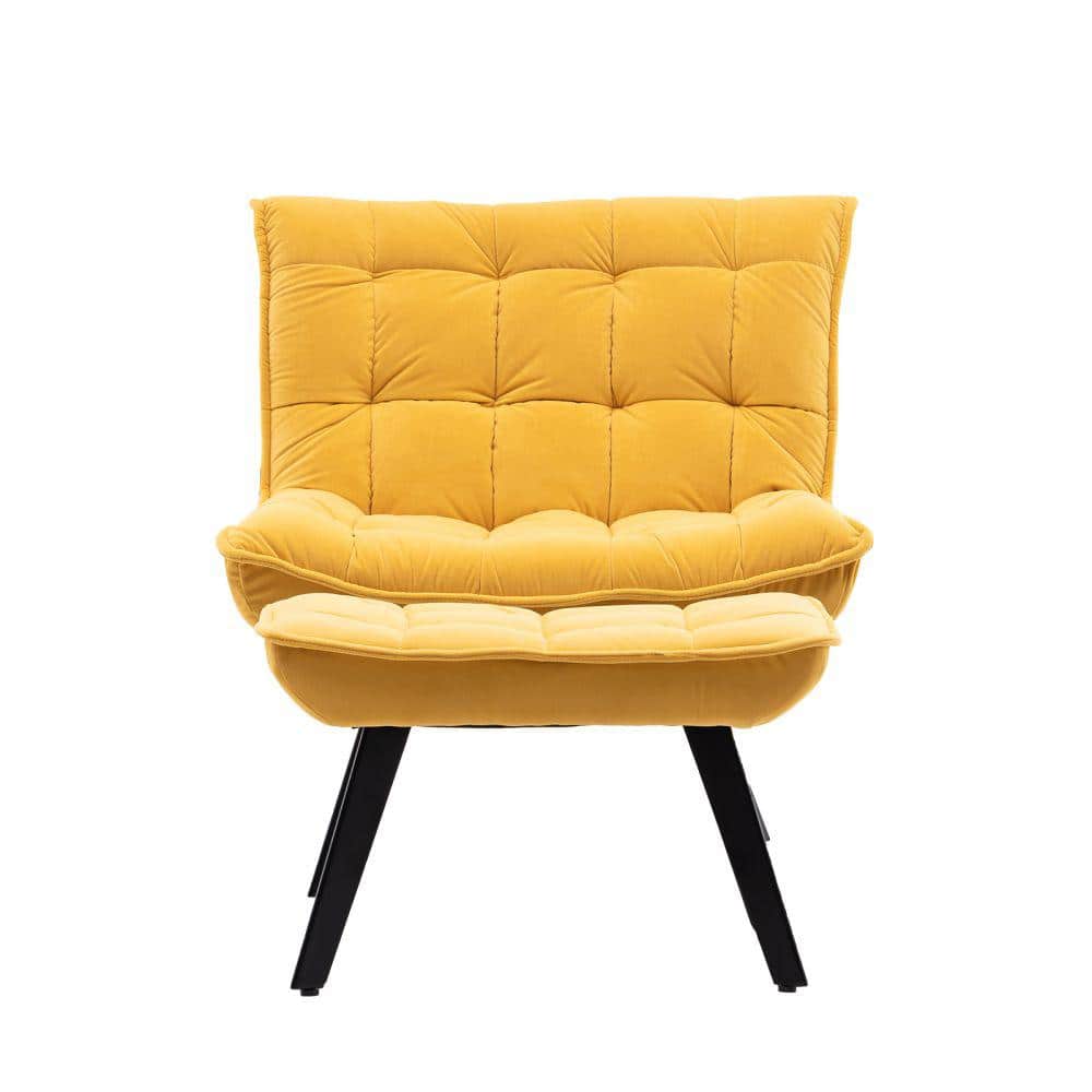 Yellow Soft Velvet Large Width Accent Side Chair with Ottoman Black