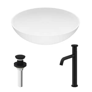 Matte Stone Lotus Composite Round Vessel Bathroom Sink in White with Cass Faucet and Pop-Up Drain in Matte Black