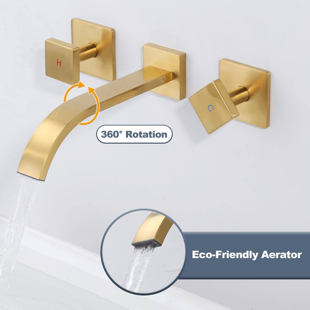 Brushed Gold Double Handle Wall Mounted Bathroom Faucet