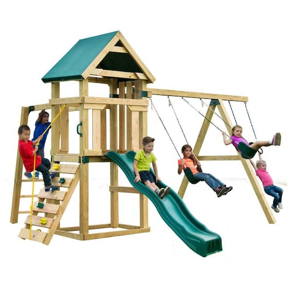 Swing-N-Slide Playsets Hawk's Nest Wooden Outdoor Playset with Wave Slide, Rock Wall, Monkey Bars, Tarp Roof and Swing Set Accessories