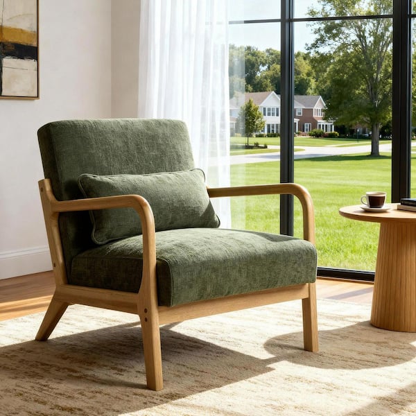 Army Green Cotton Linen Upholstery Accent Armchair, Solid Rubberwood Frame with Detachable Lumbar Pillow for Living Room
