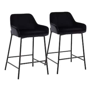 Daniella 33 in. Fixed-Height Black Velvet and Black Steel Counter Height Bar Stool (Set of 2)