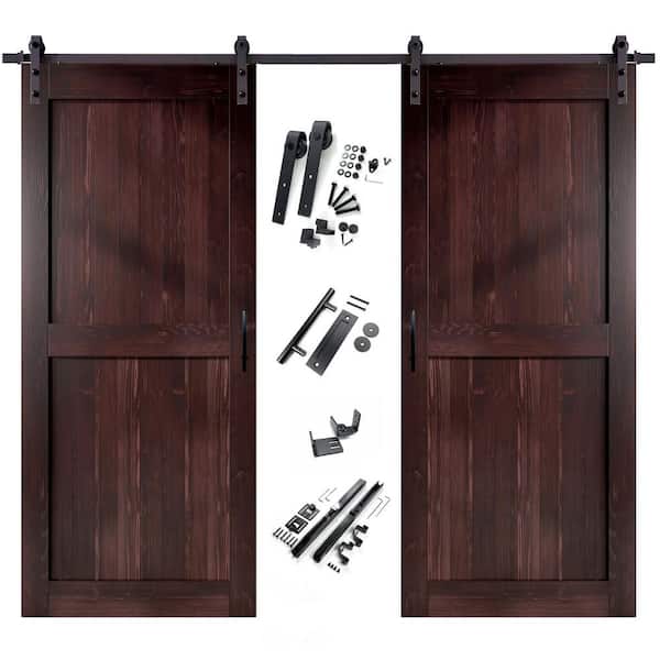 HOMACER 44 in. x 84 in. H-Frame Red Mahogany Double Pine Wood Interior Sliding Barn Door with Hardware Kit, Non-Bypass