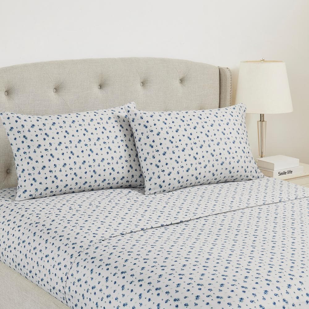 Blue Floral Print Microfiber Full Sheet Set