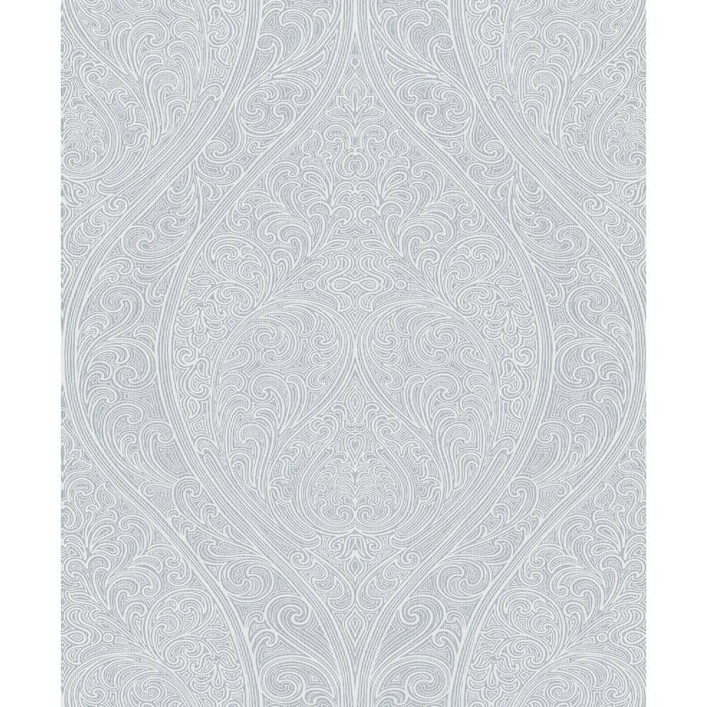 Metallic Grey Large Ogee Damask Design Vinyl on Non-Woven Non-Pasted Wallpa
