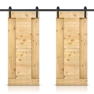 48 in. x 84 in. Unfinished DIY Knotty Pine Wood Interior Double Sliding Barn Door with Hardware Kit