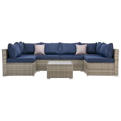 Gray 7-Piece Wicker Sectional Seating Set with Blue Cushions