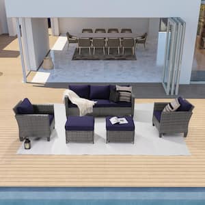 Navy Blue 5-Piece Patio Outdoor Sofa Patio Conversation Set Gray with Soft Cushions, Gray Wicker Frame