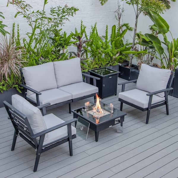 Leisuremod Walbrooke Black 5-Piece Aluminum Square Patio Fire Pit Set with Light Grey Cushions and Tank Holder