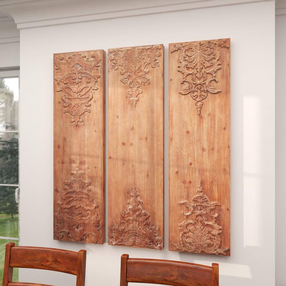 Brown Wood Carved Floral Antefix Wall Decor Set of 3