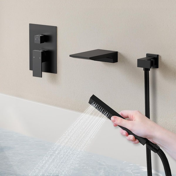 Waterfall Wall Mount Single Handle 2-Spray Tub and Shower Faucet 2.5 GPM in Matte Black Valve Included