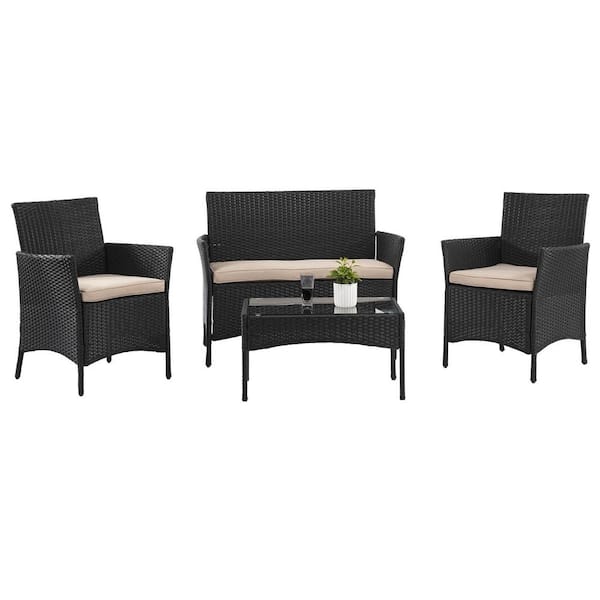 Furniture of America Eli 4-Piece Wicker Patio Conversation Set with Beige Cushions
