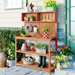 65 in. H x 46.9 in. W x 19.3 in. D Natural Wood Farmhouse Rustic Potting Bench Table Plant Stand with 4 Storage Shelves