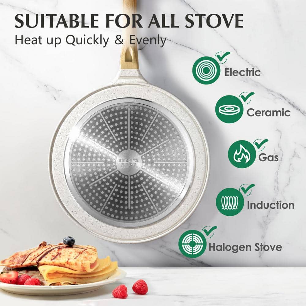 10-Inch White Ceramic Nonstick Crepe Pan with Wooden Handle and Spreader