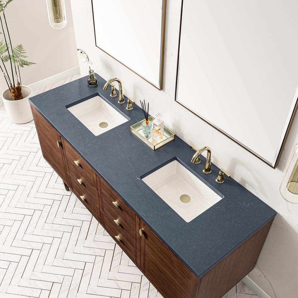 Amberly 72-Inch Walnut Double Vanity Base Cabinet with Brass Knobs