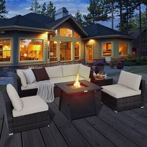 7-Pieces Rattan Patio Sectional Furniture Set 30 in. Fire Pit Table Off White Cushion