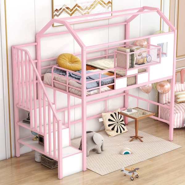 Harper & Bright Designs Pink Twin Size Metal House Loft Bed with Storage Staircase, Bedside Storage Box