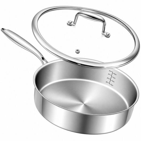 12 in. Tri-Ply Stainless Steel Frying Pan, Deep Frying Pan with Lids, Compatible with All Cooktops Up to 600℉