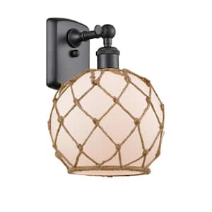 Farmhouse Rope 8 in. 1-Light Matte Black Wall Sconce with White Glass with Brown Rope Glass and Rope Shade