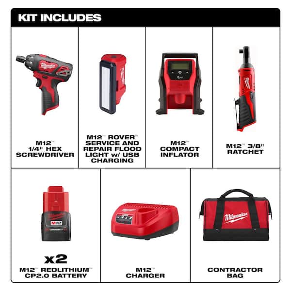 M12 12V Lithium-Ion Cordless Combo Kit (4-Tool) with Impact Bit Set