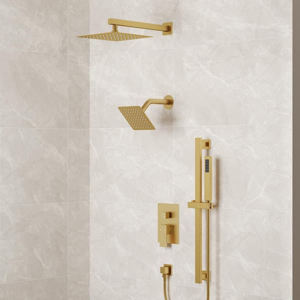 EVERSTEIN 3-Spray Patterns 2.5 GPM 10 and 6 in. Dual Shower Head Wall Mount Fixed Shower Head with Handheld In Brushed Gold