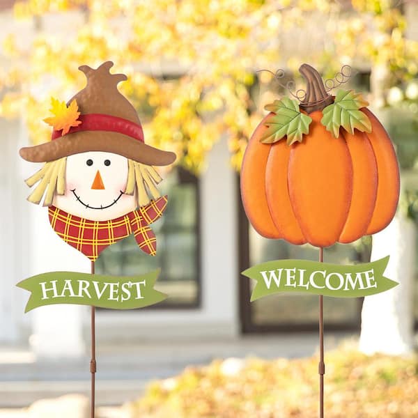 Glitzhome 3625 In H Fall Metal Scarecrow Andpumpkin Yard Stake Set Of