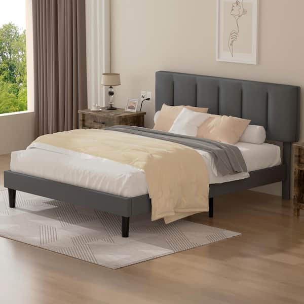 VECELO Upholstered Bedframe, Gray Metal Frame Queen Platform